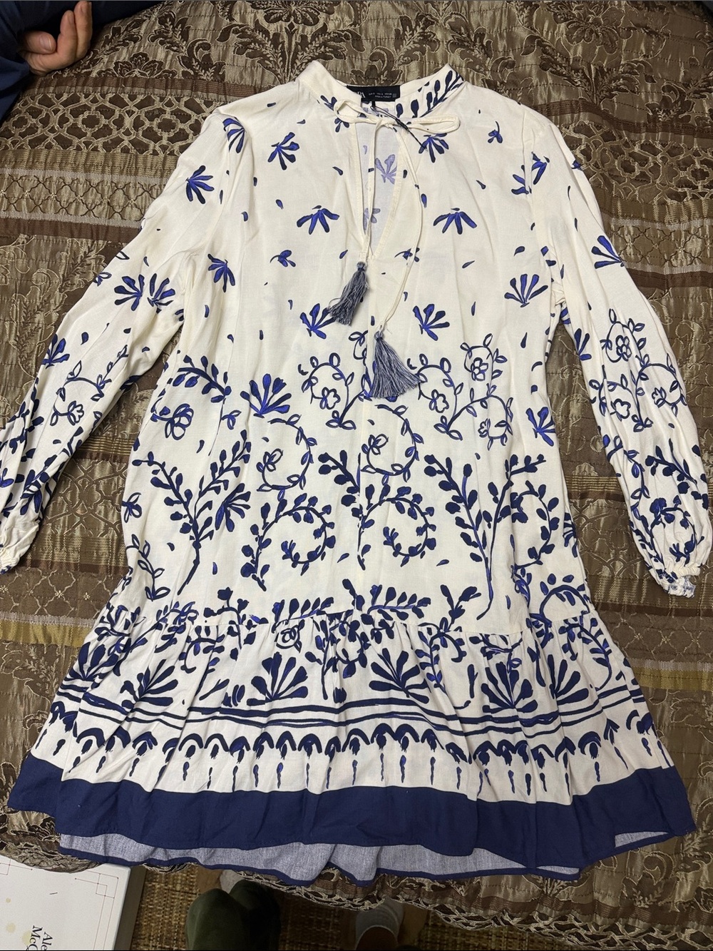 Zara White Dress with Blue Floral Embroidery